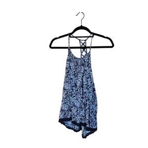 Wild Pearl Womens Blue Paisley Print Spaghetti Strap Romper With Lace Hem NWT